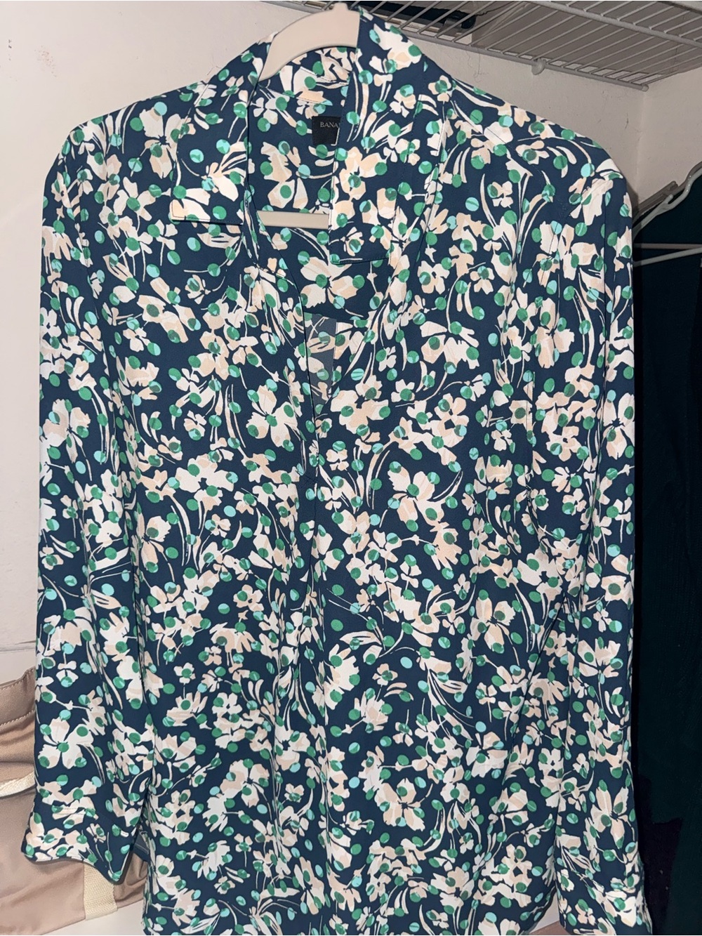 Banana Republic Navy Blouse with Green & Cream Floral Print